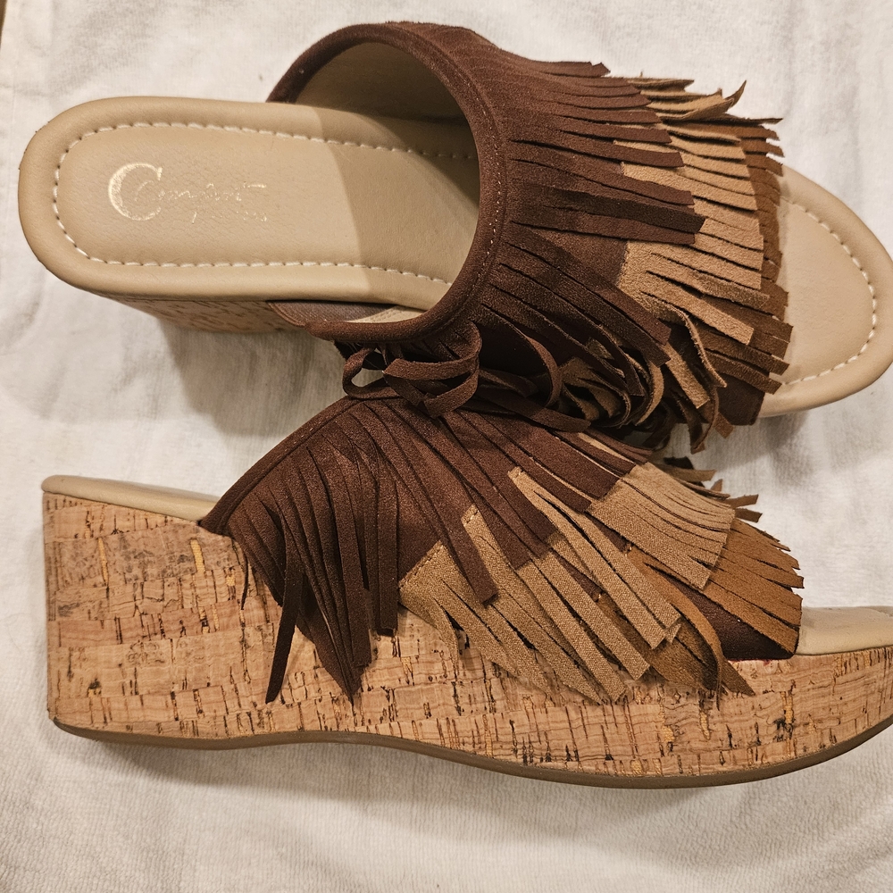 Tan And Brown Fringe Platform Wedge Shoes